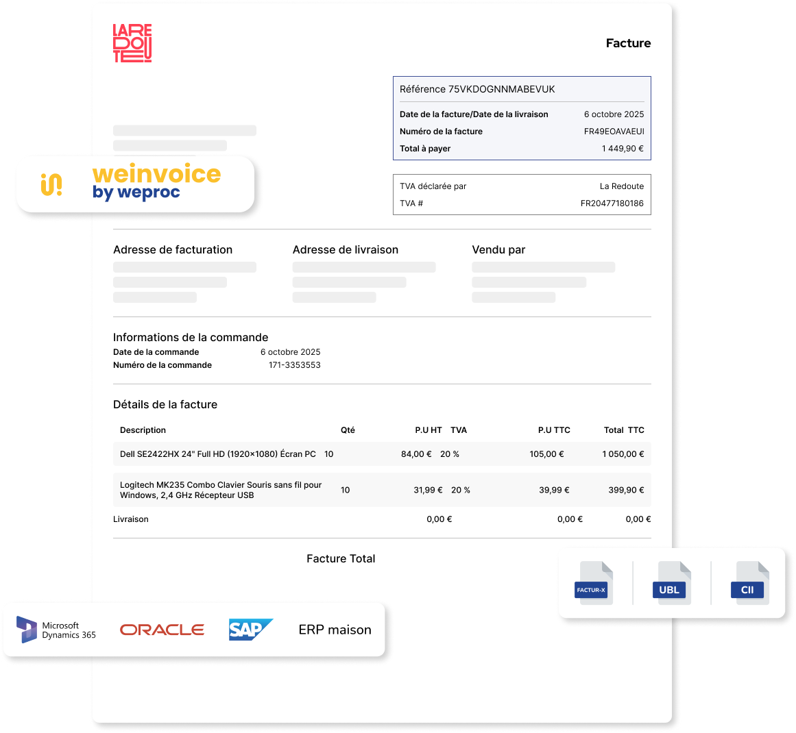 Exemple de facture électronique 2026 émise par WeInvoice (PA n° 0104) — formats Factur-X / UBL / CII et intégration ERP Aperçu d'une facture électronique B2B conforme — La Redoute, 1 449,90 € TTC du 6 octobre 2025 — émise par WeInvoice by Weproc au format Factur-X, UBL 2.1 ou CII, avec connecteurs ERP Microsoft Dynamics 365, Oracle, SAP et ERP maison.